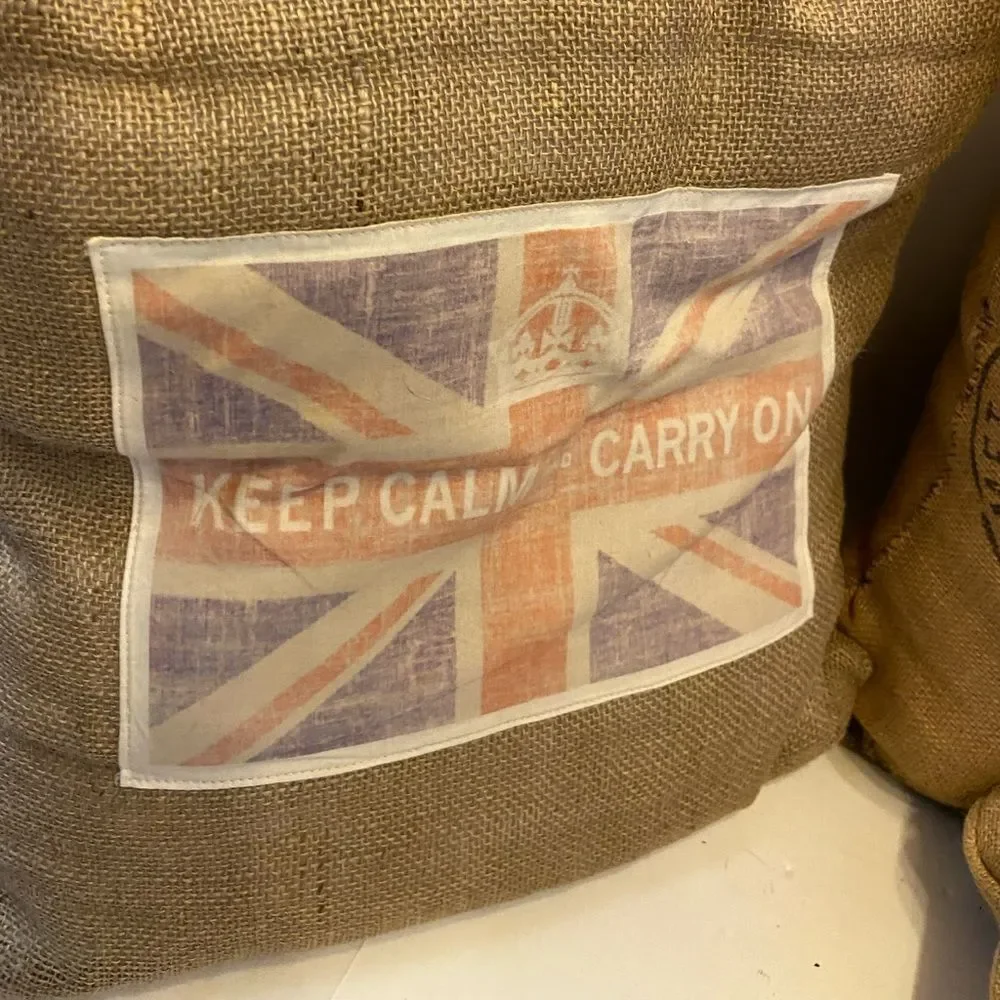 3 European print burlap pillows France‎ England lot
